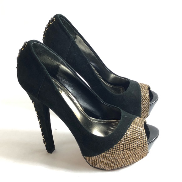 Wild Pair Suede Gold Mesh Peep Toe Heels Size 7.5 - Picture 6 of 15